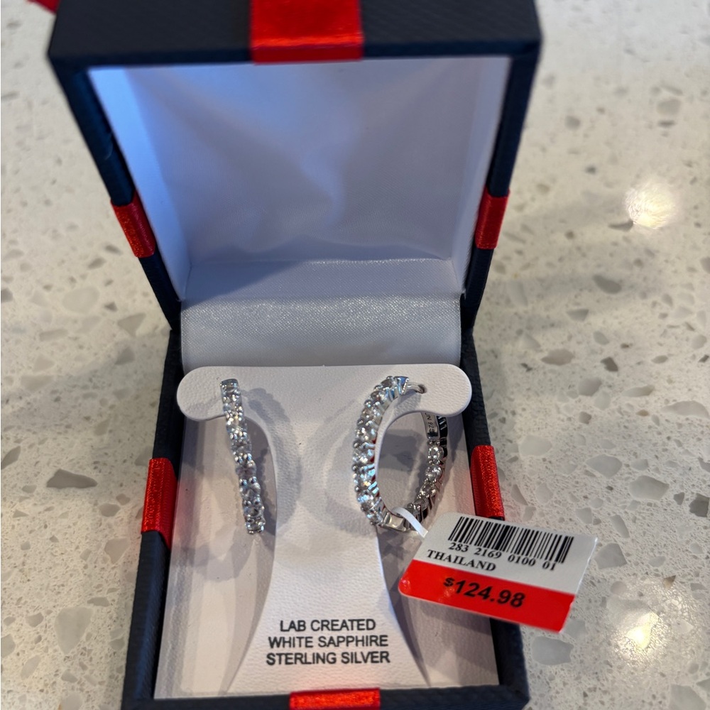 Sterling Silver Sparkling Hoop Earrings with White Sapphire! New in box! 💎